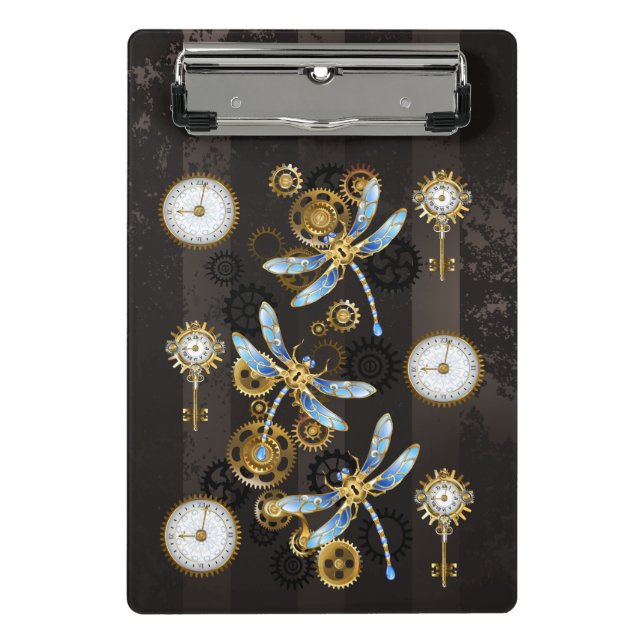 Steampunk Dragonflies on brown striped background Mini Clipboard (Front)