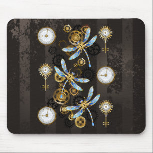 Steampunk Dragonflies on brown striped background Mouse Mat