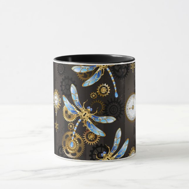 Steampunk Dragonflies on brown striped background Mug (Center)