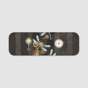 Steampunk Dragonflies on brown striped background Name Tag