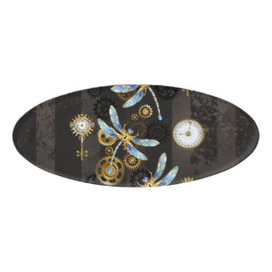 Steampunk Dragonflies on brown striped background Name Tag