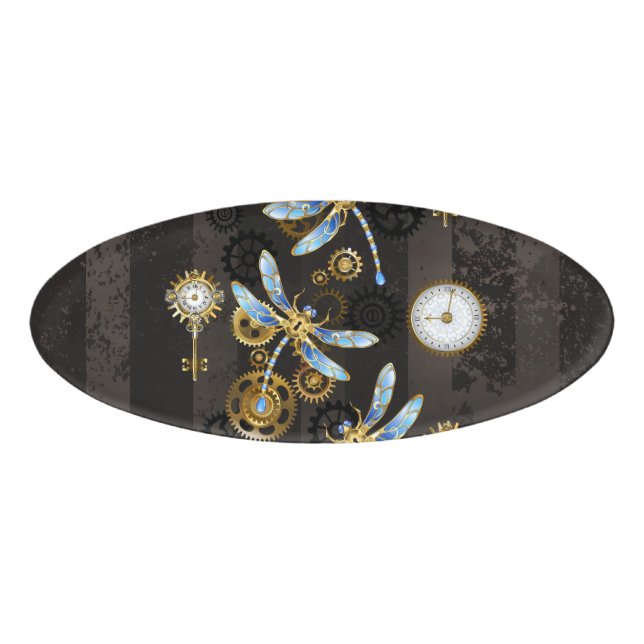 Steampunk Dragonflies on brown striped background Name Tag (Front)