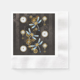 Steampunk Dragonflies on brown striped background Napkin