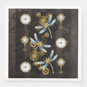 Steampunk Dragonflies on brown striped background Napkin