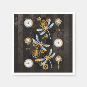 Steampunk Dragonflies on brown striped background Napkin