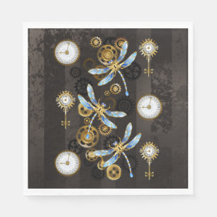 Steampunk Dragonflies on brown striped background Napkin
