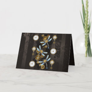 Steampunk Dragonflies on brown striped background Note Card