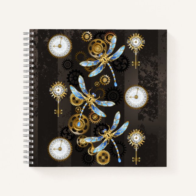 Steampunk Dragonflies on brown striped background Notebook (Front)