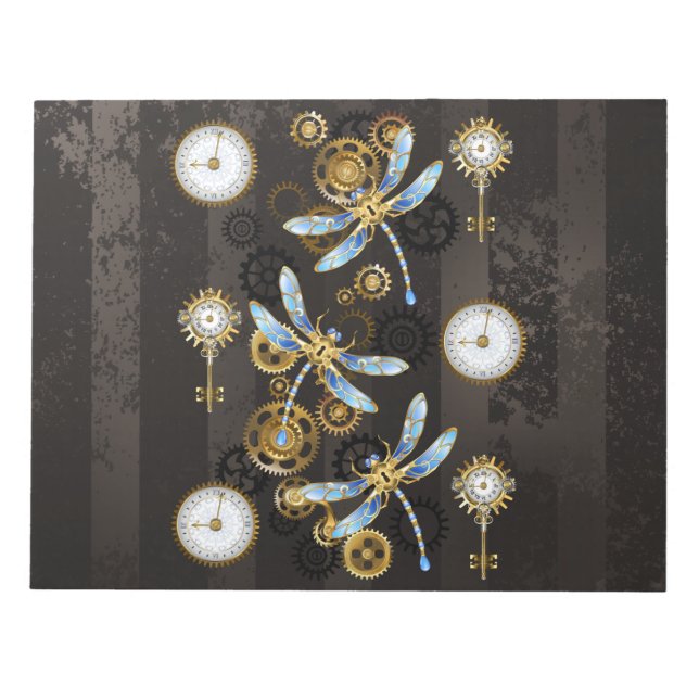 Steampunk Dragonflies on brown striped background Notepad (Front)