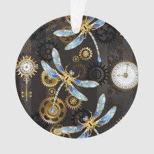 Steampunk Dragonflies on brown striped background Ornament