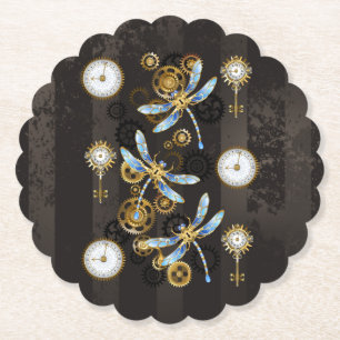 Steampunk Dragonflies on brown striped background Paper Coaster