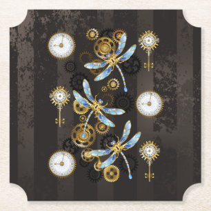 Steampunk Dragonflies on brown striped background Paper Coaster