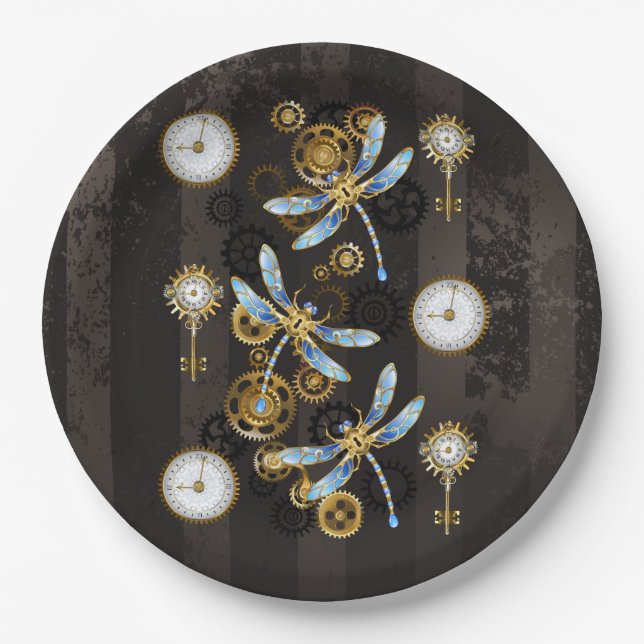 Steampunk Dragonflies on brown striped background Paper Plate (Front)