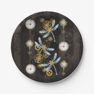 Steampunk Dragonflies on brown striped background Paper Plate