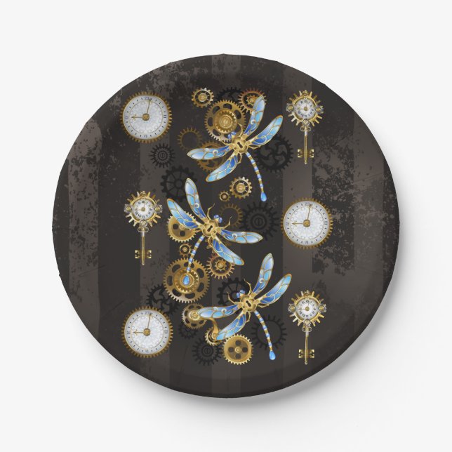 Steampunk Dragonflies on brown striped background Paper Plate (Front)