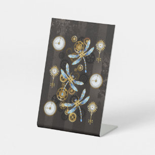 Steampunk Dragonflies on brown striped background Pedestal Sign
