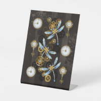 Steampunk Dragonflies on brown striped background