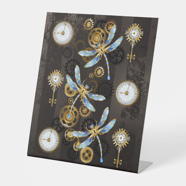Steampunk Dragonflies on brown striped background Pedestal Sign (Front)