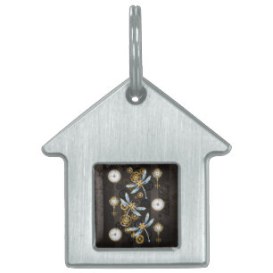 Steampunk Dragonflies on brown striped background Pet ID Tag