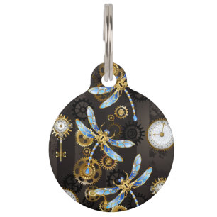 Steampunk Dragonflies on brown striped background Pet Tag