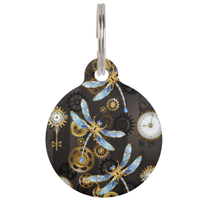 Steampunk Dragonflies on brown striped background Pet Tag (Front)
