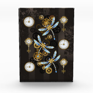 Steampunk Dragonflies on brown striped background Photo Block