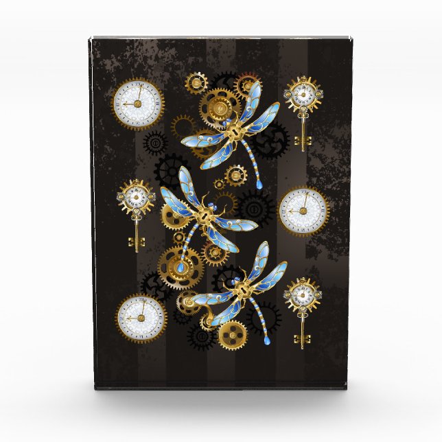 Steampunk Dragonflies on brown striped background Photo Block (Front)