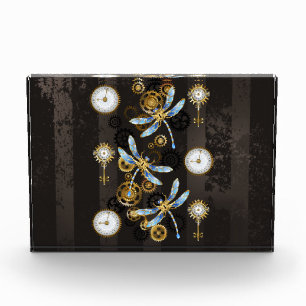 Steampunk Dragonflies on brown striped background Photo Block