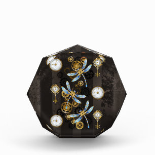 Steampunk Dragonflies on brown striped background Photo Block