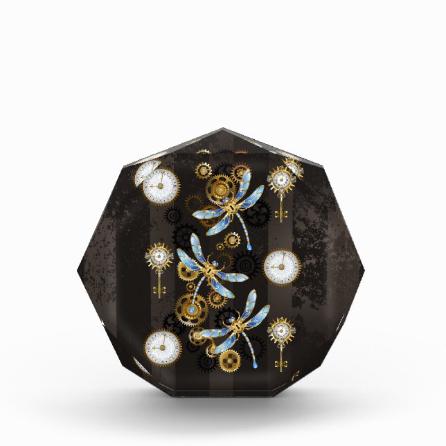 Steampunk Dragonflies on brown striped background Photo Block (Front)