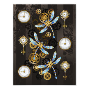 Steampunk Dragonflies on brown striped background Photo Print
