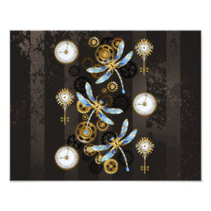 Steampunk Dragonflies on brown striped background Photo Print