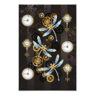 Steampunk Dragonflies on brown striped background Photo Print