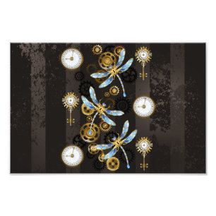 Steampunk Dragonflies on brown striped background Photo Print