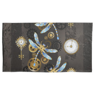 Steampunk Dragonflies on brown striped background Pillowcase