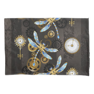 Steampunk Dragonflies on brown striped background Pillowcase