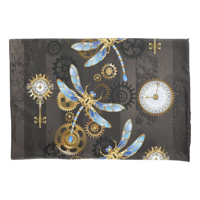 Steampunk Dragonflies on brown striped background Pillowcase (Front-Left)