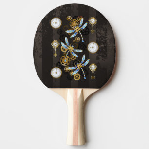 Steampunk Dragonflies on brown striped background Ping Pong Paddle