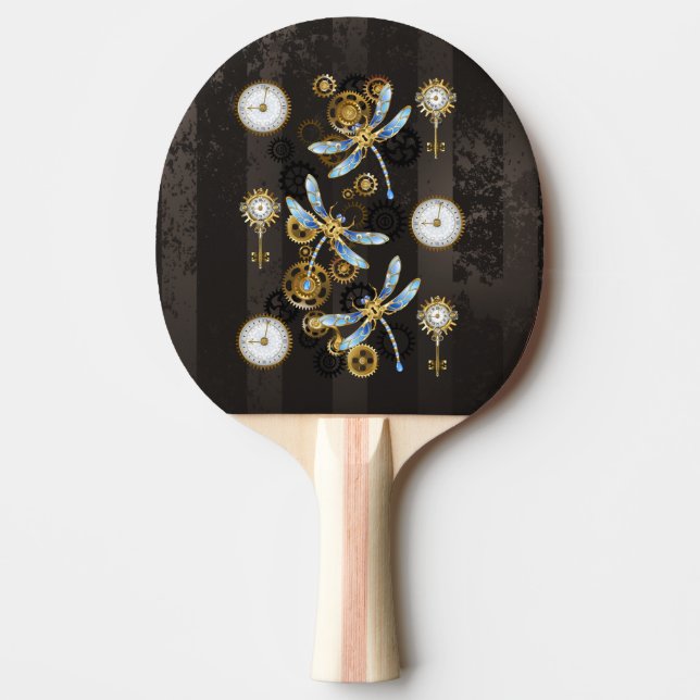 Steampunk Dragonflies on brown striped background Ping Pong Paddle (Front)