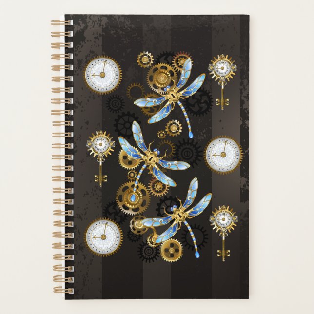 Steampunk Dragonflies on brown striped background Planner (Front)