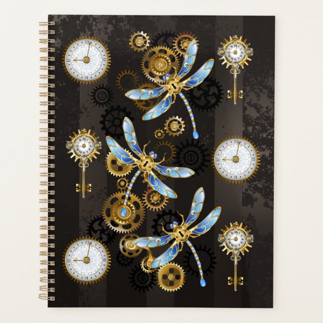 Steampunk Dragonflies on brown striped background Planner (Front)