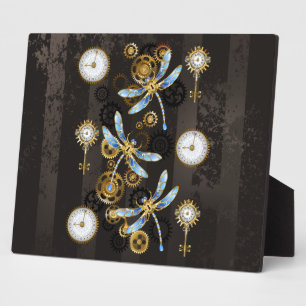 Steampunk Dragonflies on brown striped background Plaque