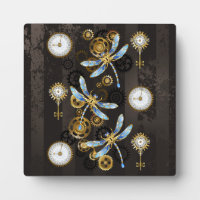 Steampunk Dragonflies on brown striped background