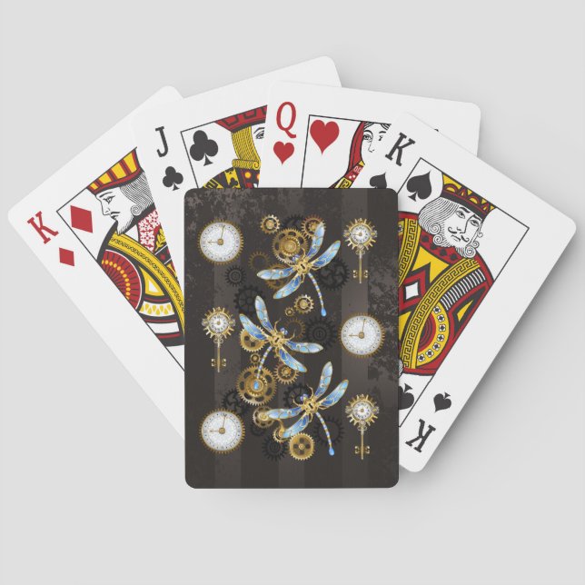Steampunk Dragonflies on brown striped background Playing Cards (Back)