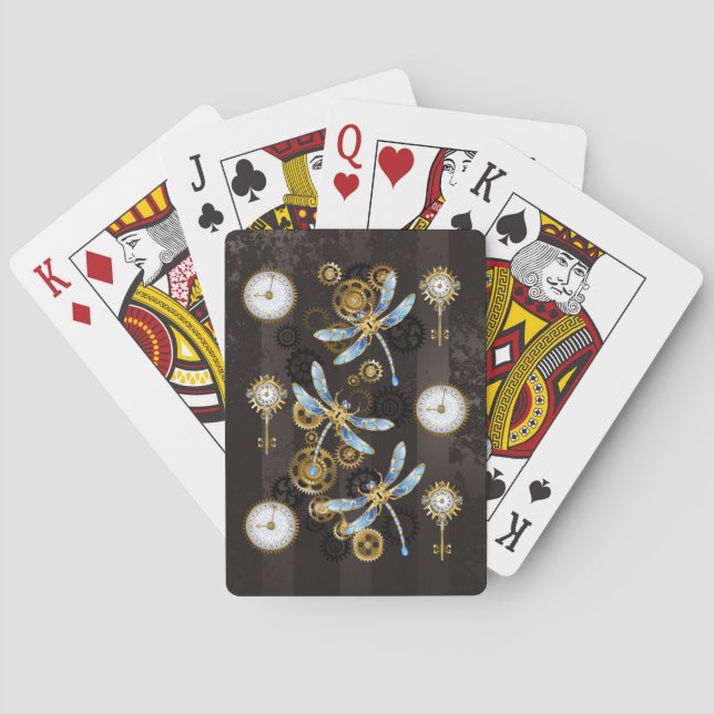 Steampunk Dragonflies on brown striped background Playing Cards (Back)