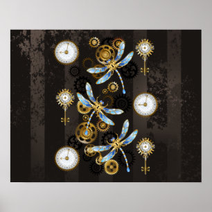 Steampunk Dragonflies on brown striped background Poster