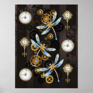 Steampunk Dragonflies on brown striped background Poster