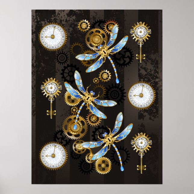 Steampunk Dragonflies on brown striped background Poster (Front)