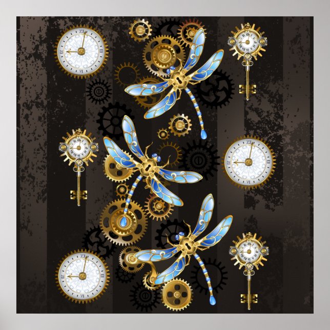 Steampunk Dragonflies on brown striped background Poster (Front)