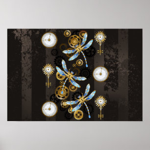 Steampunk Dragonflies on brown striped background Poster